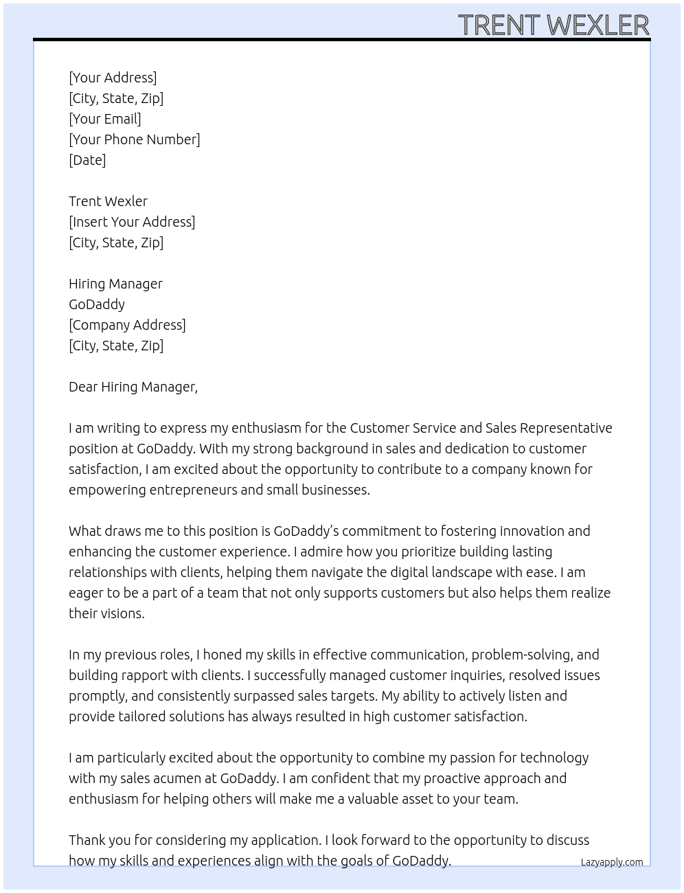 Customer Service and Sales Representative At GoDaddy Cover Letter