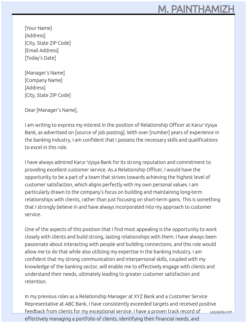 Relationship officer At Karur vysya bank Cover Letter