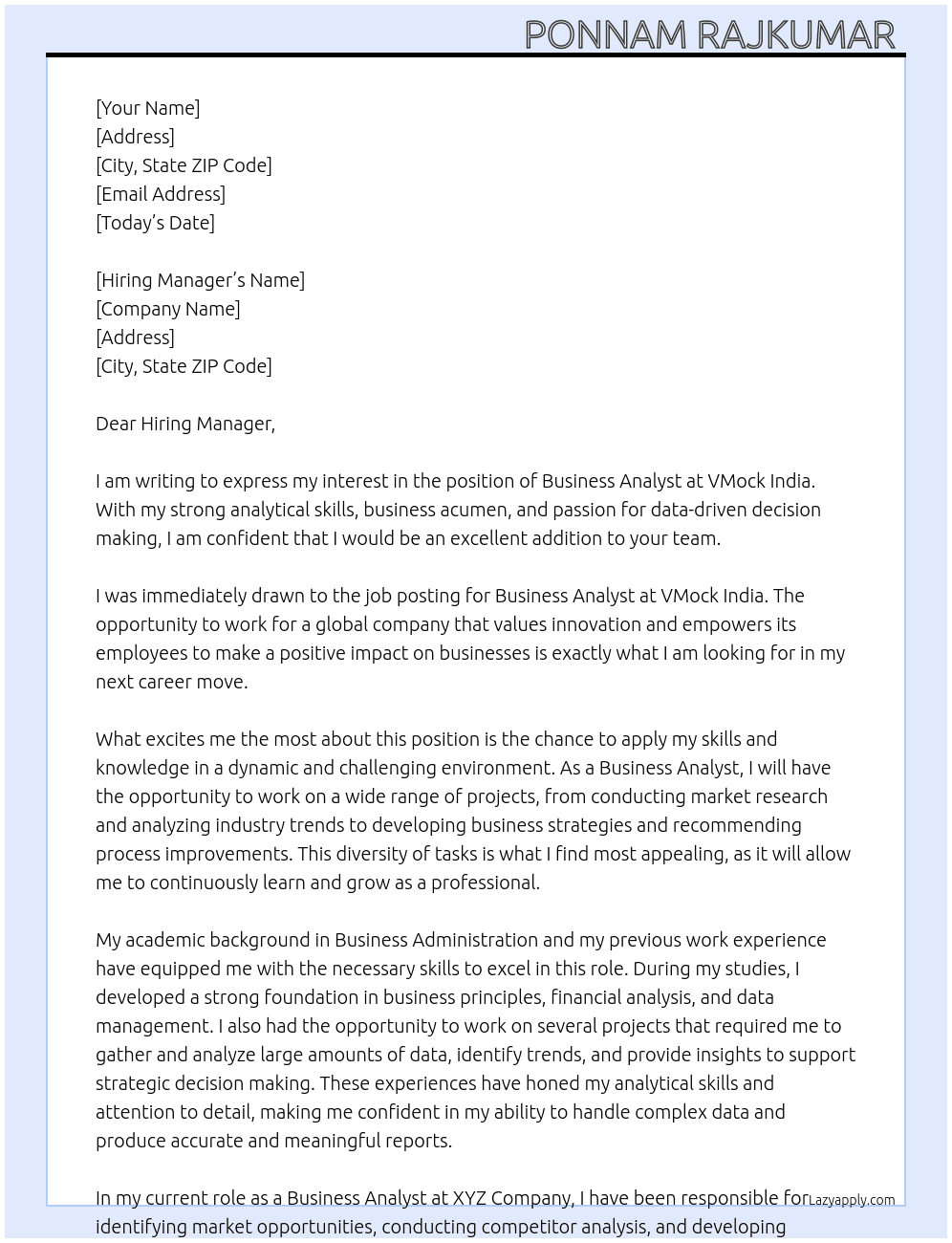 Business Analyst  At VMock India Cover Letter