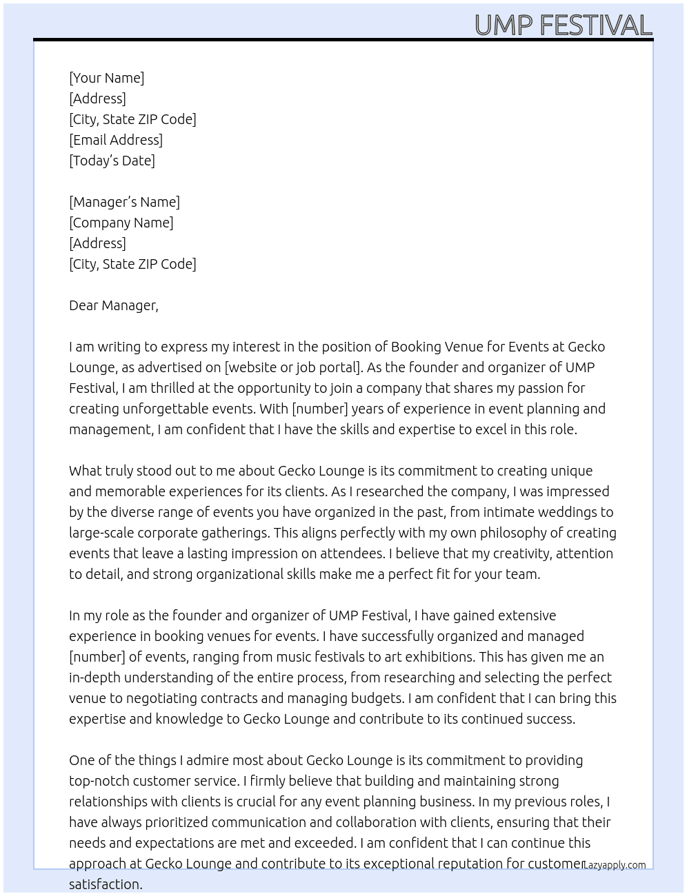 booking venue for event At Gecko Lounge Cover Letter