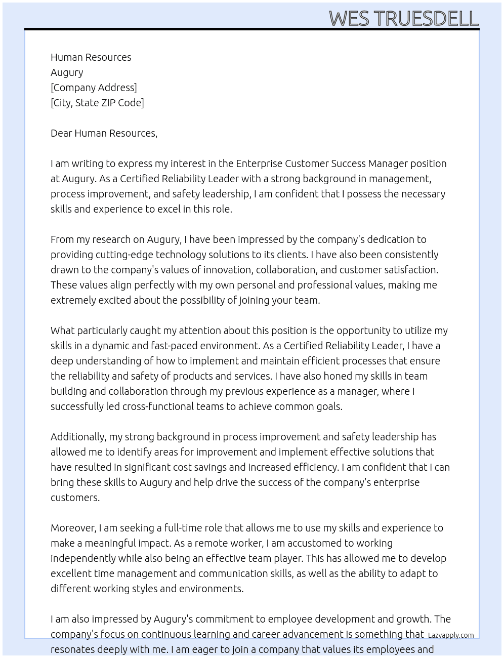 Enterprise Customer Success Manager  At Augury Cover Letter