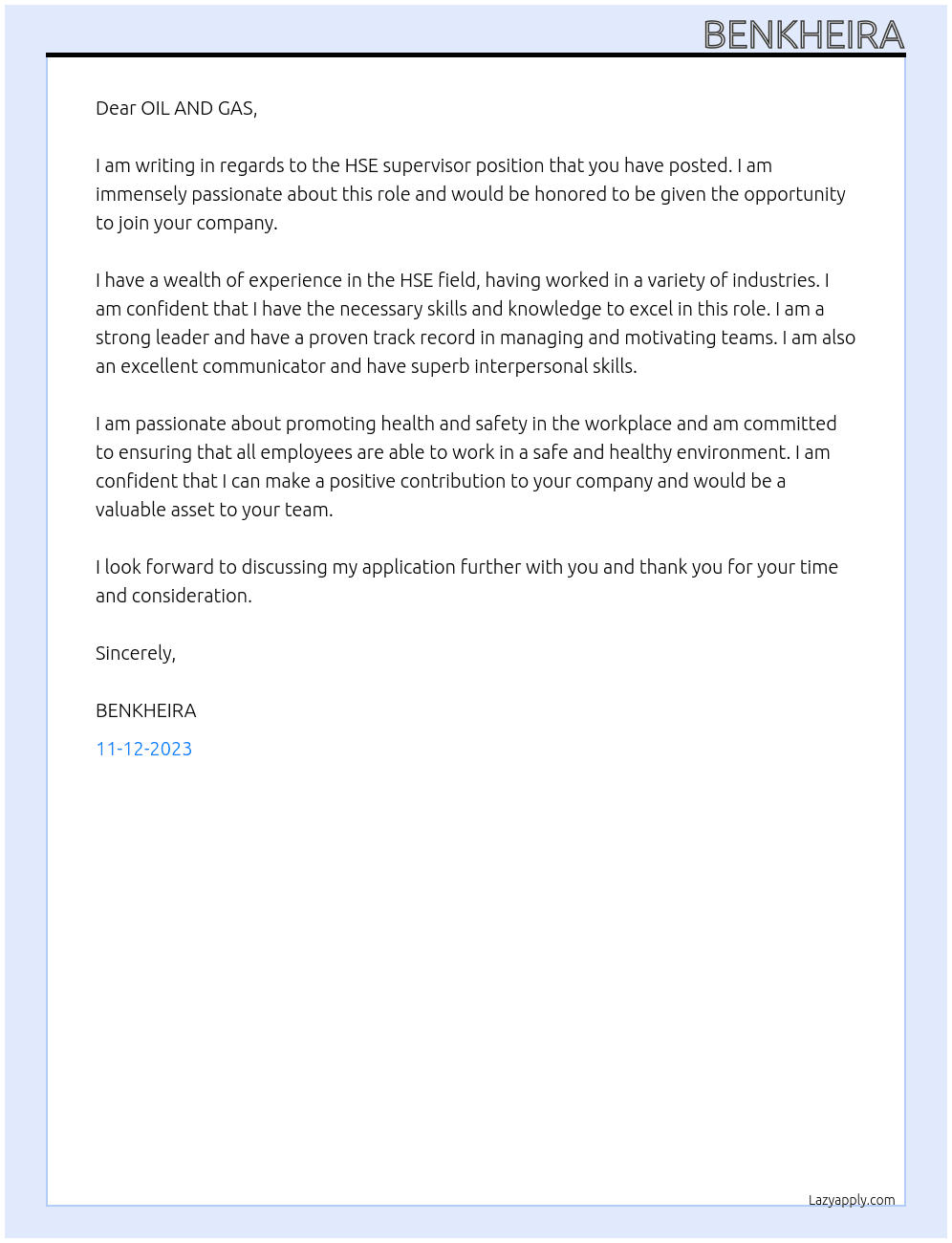 HSE supervisor At OIL AND GAS Cover Letter