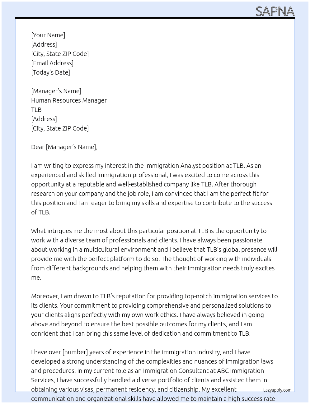 Immigration Analyst At TLB Cover Letter