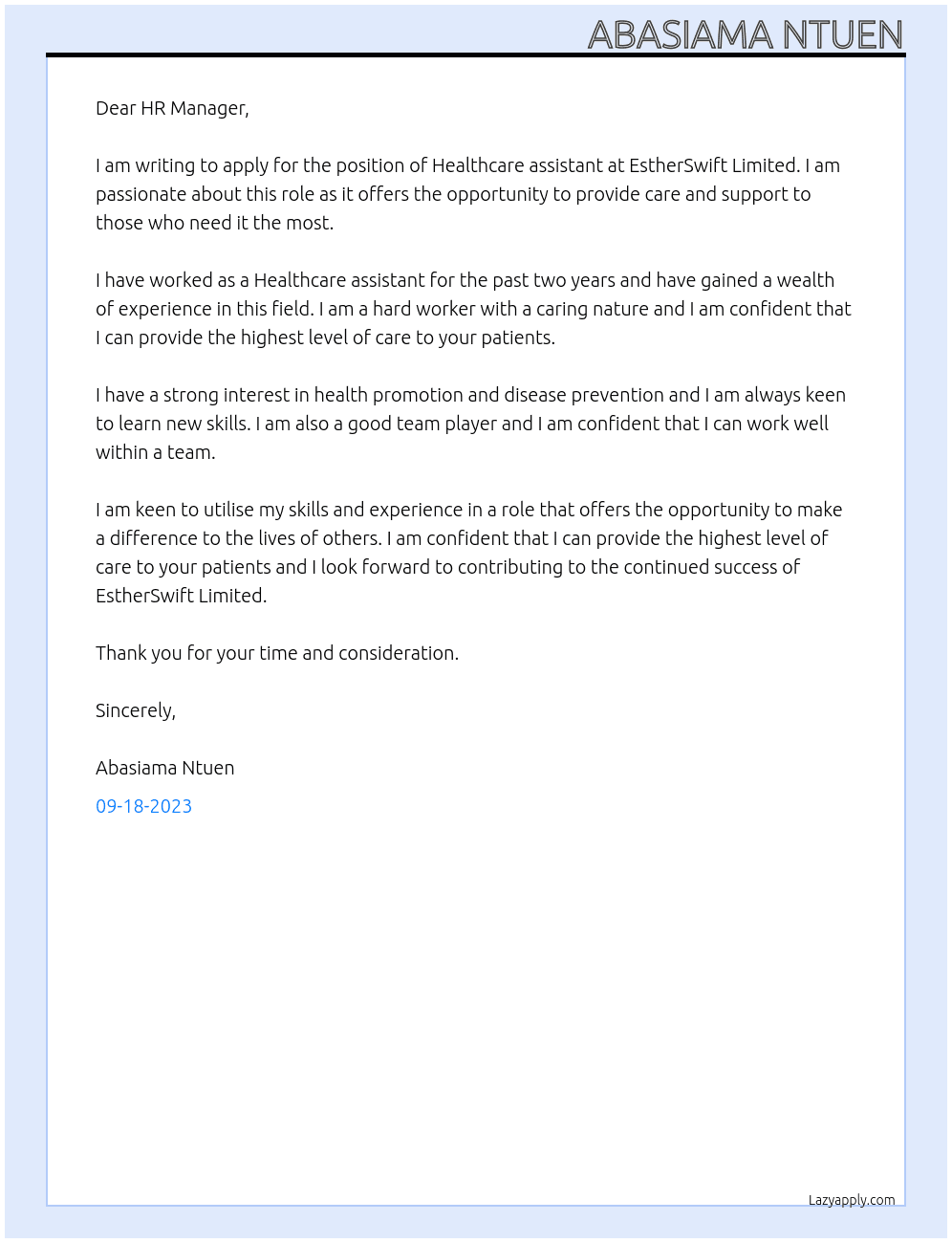Healthcare assistant At EstherSwift Limited Cover Letter