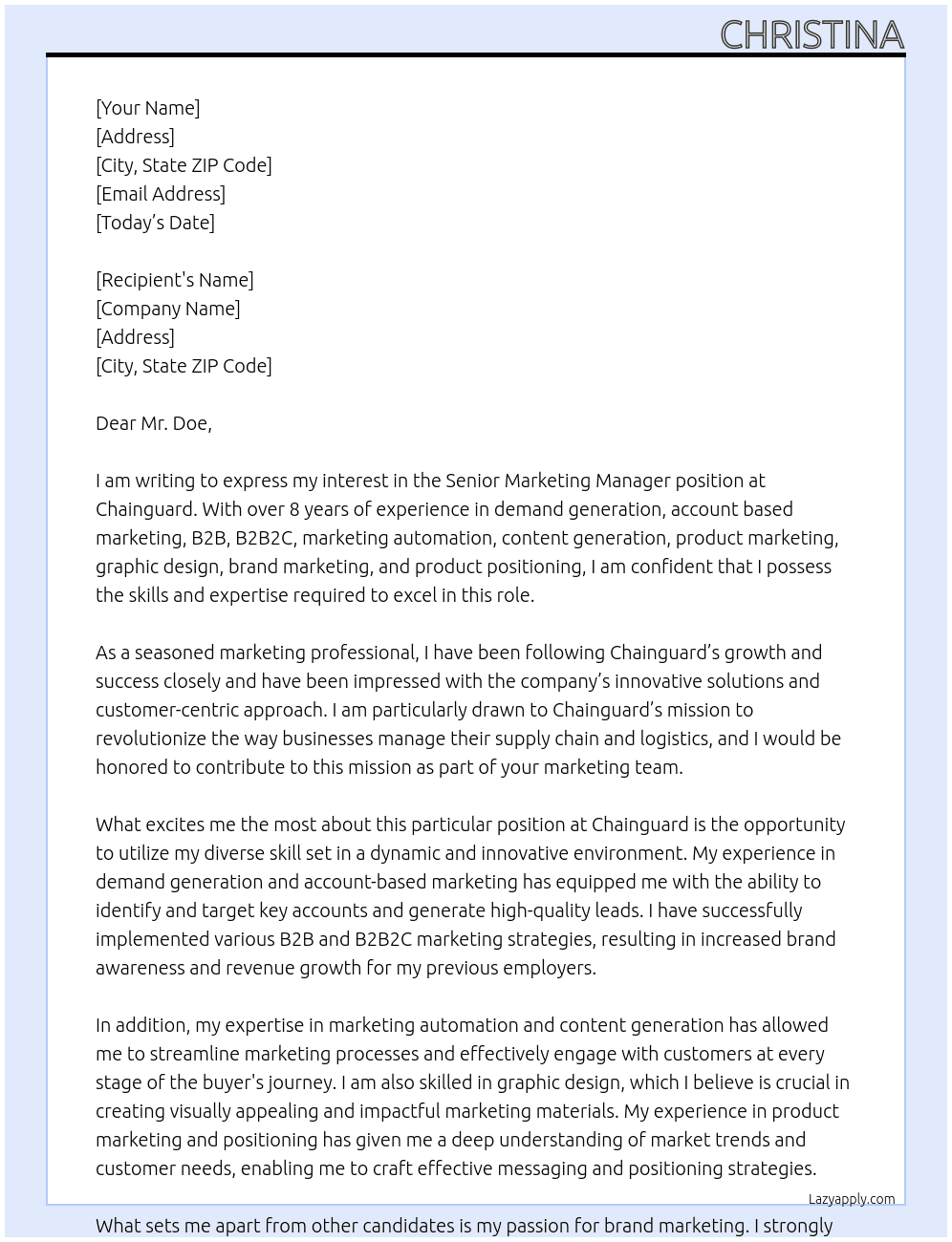 Senior Marketing Manager At Chainguard Cover Letter