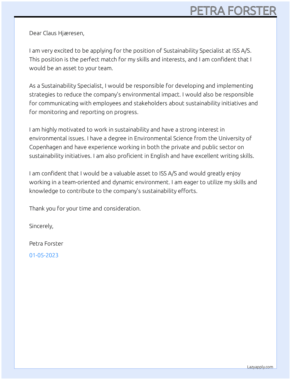 Sustainability Specialist At ISS A/S Cover Letter