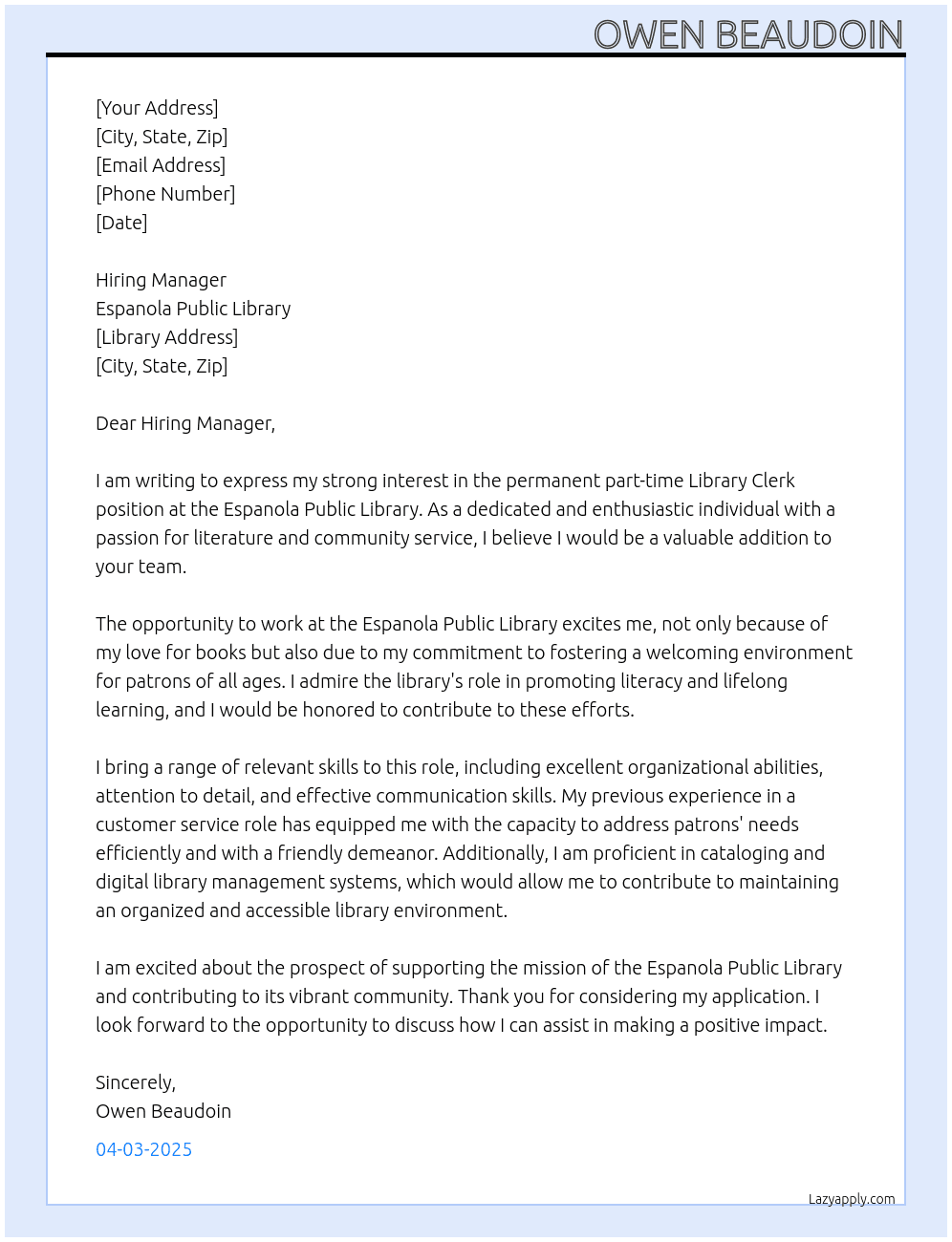 Library clerk At Espanola Public Library Cover Letter