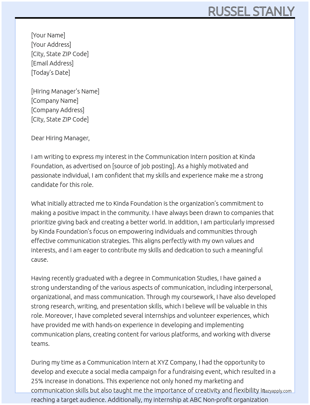 Communication Intern  At Kinda foundation  Cover Letter