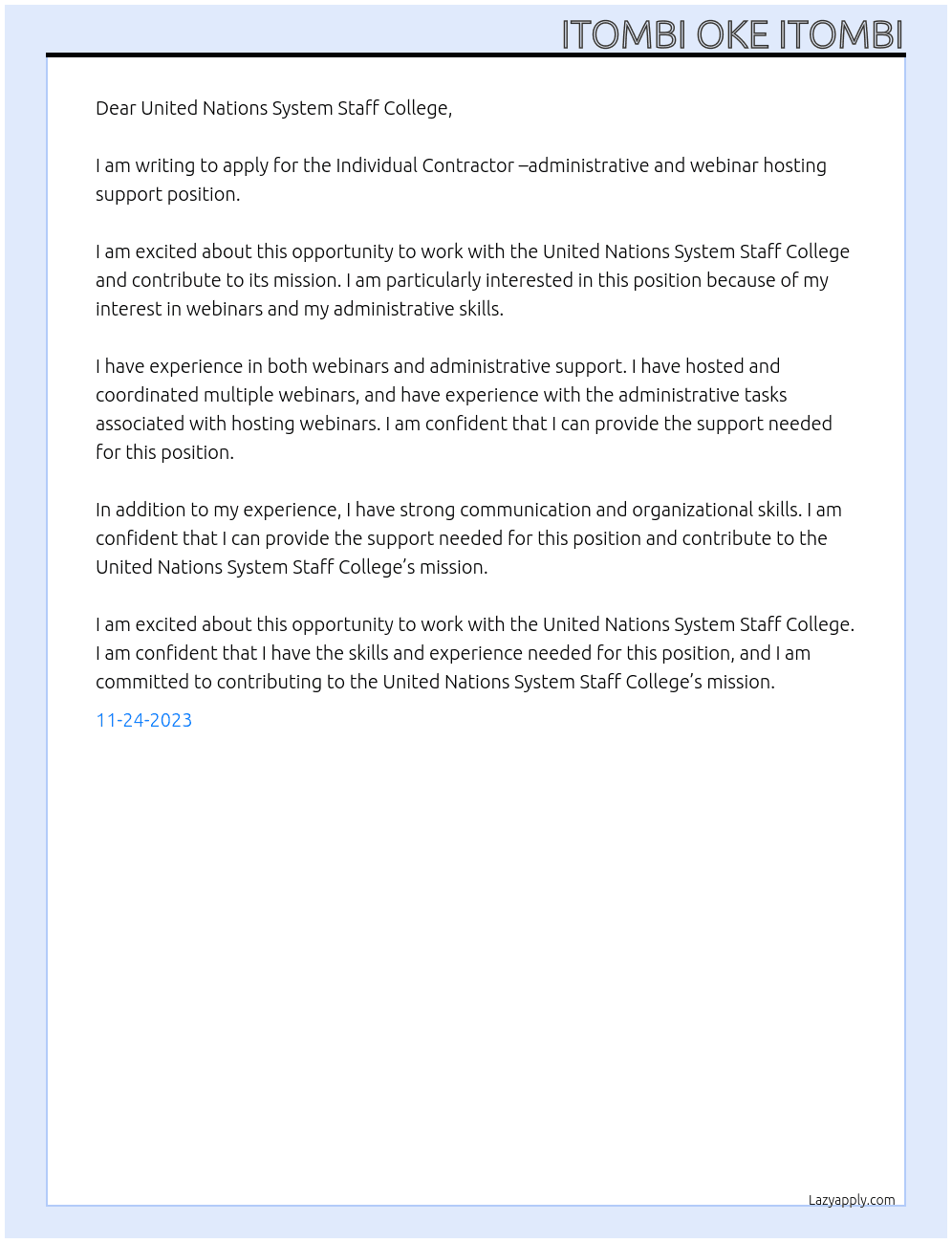 Individual Contractor –administrative and webinar hosting support At United Nations System Staff College Cover Letter