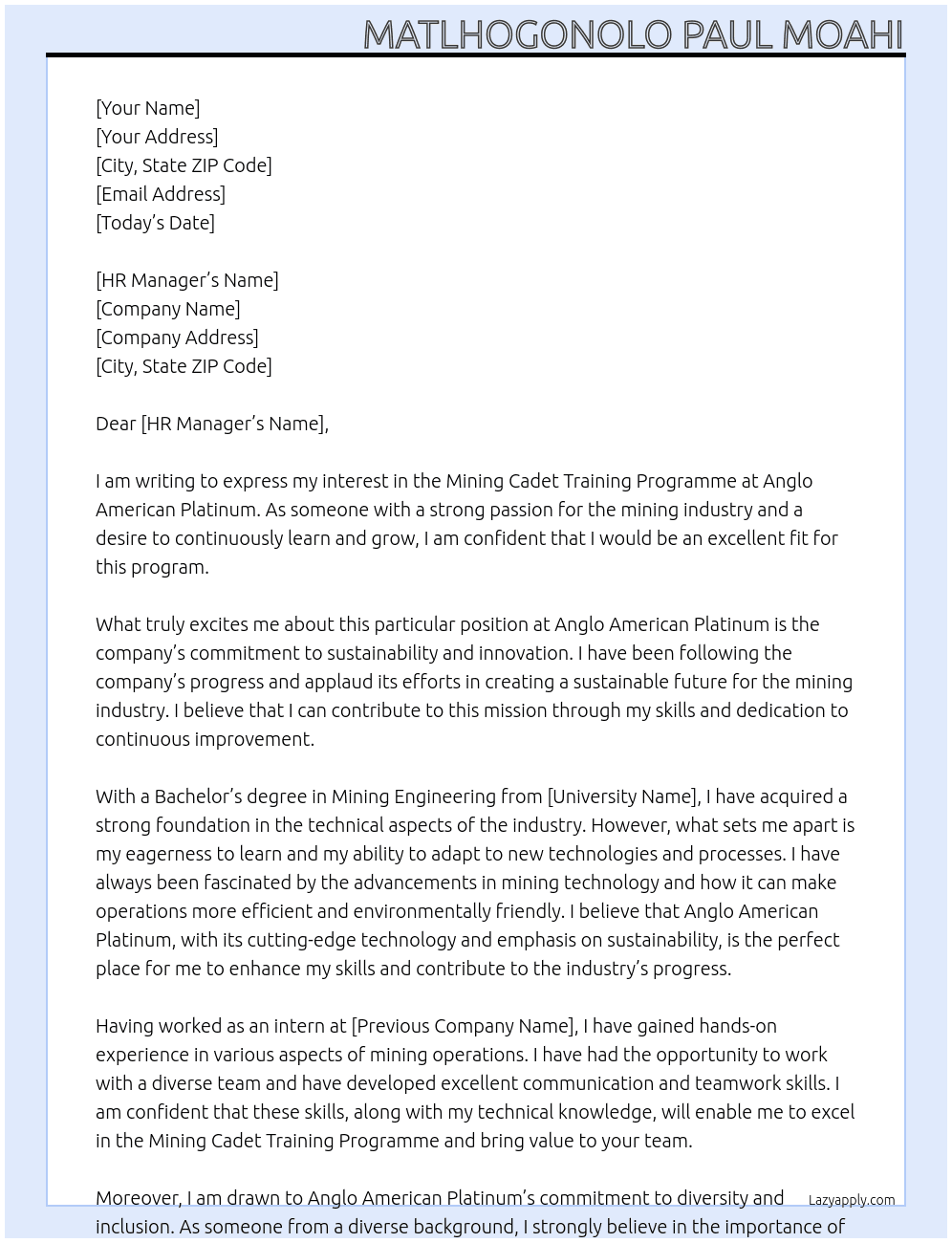 Mining Cadet Training Programme At Anglo American Platinum Cover Letter