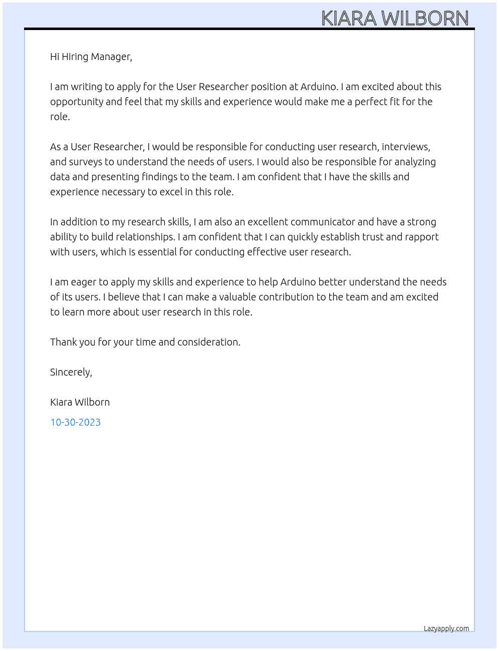 User Researcher  At Arduino Cover Letter