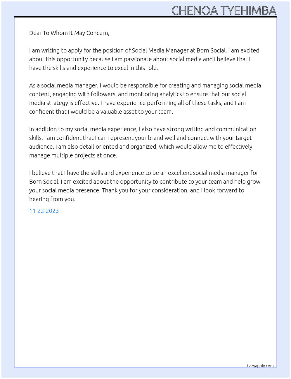 Social Media Manager At Born Social Cover Letter