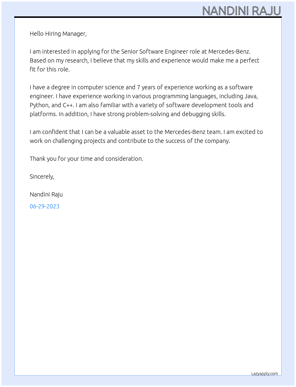 Senior Software Engineer At Mercedes-Benz Cover Letter