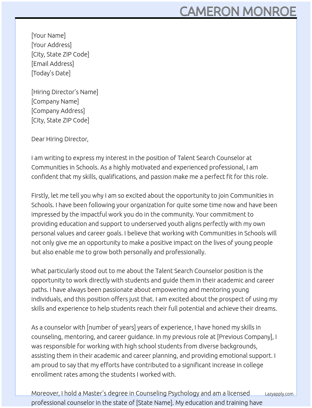 Talent Search Counselor At Communities in Schools Cover Letter