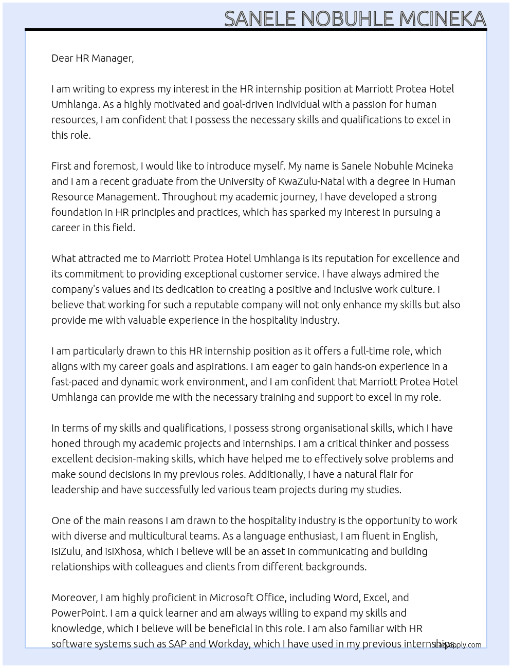HR internship  At Marriott Protea Hotel Umhlanga  Cover Letter