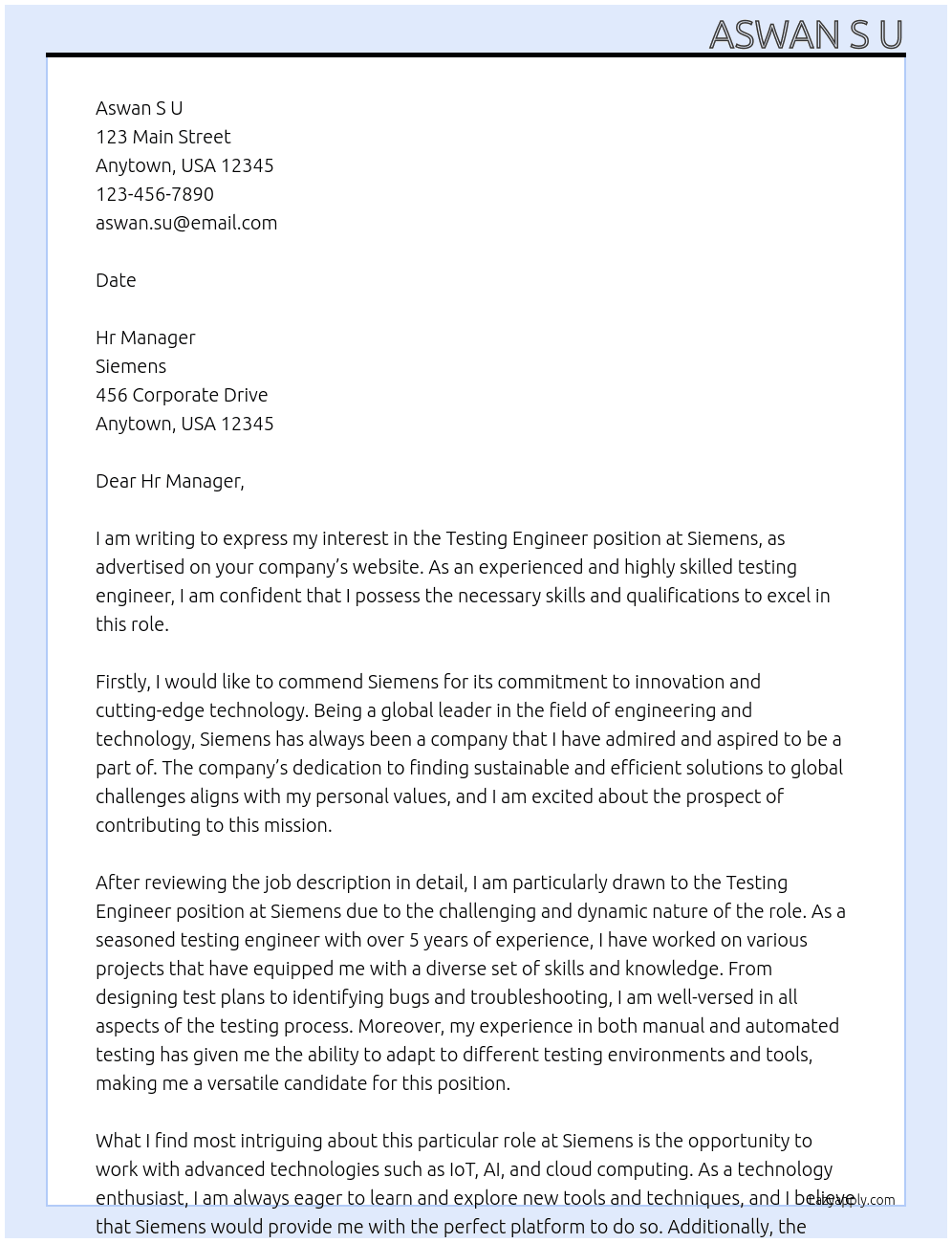 Testing Engineer  At Siemens Cover Letter