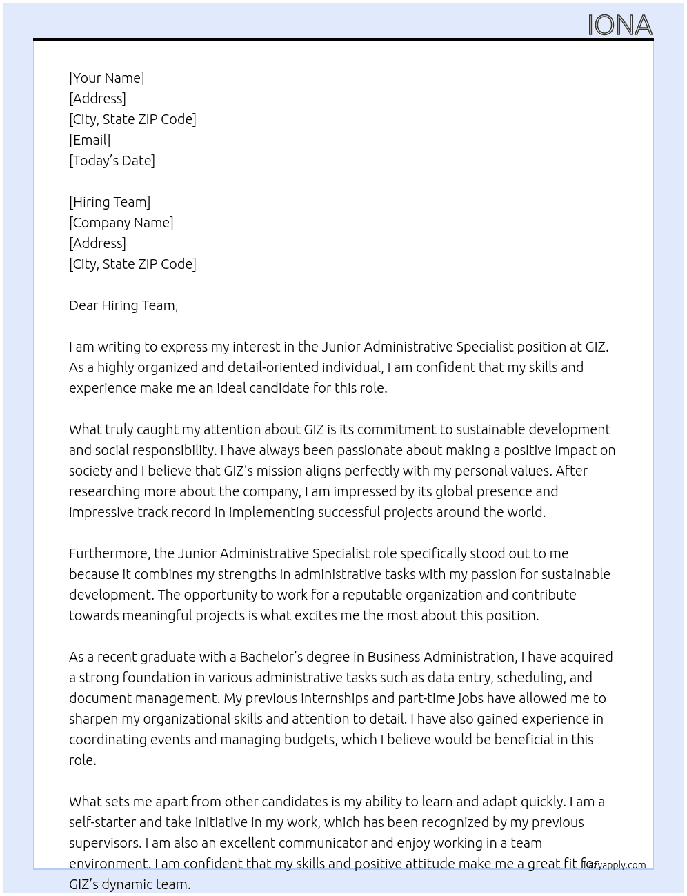 Cover letter for junior administrative specialist - LazyApply
