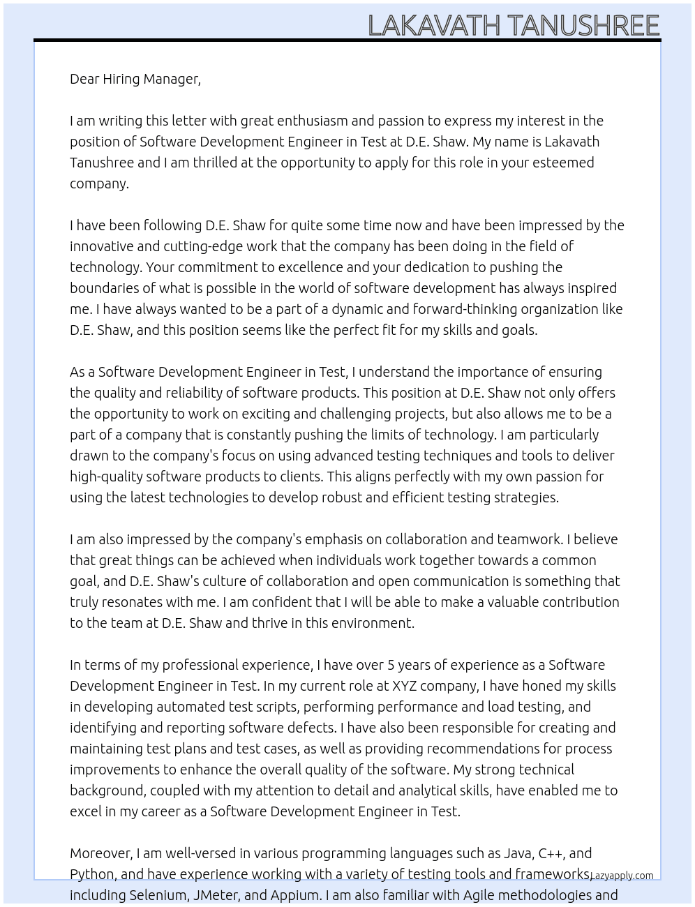  Software Development Engineer in Test At D.E. Shaw Cover Letter
