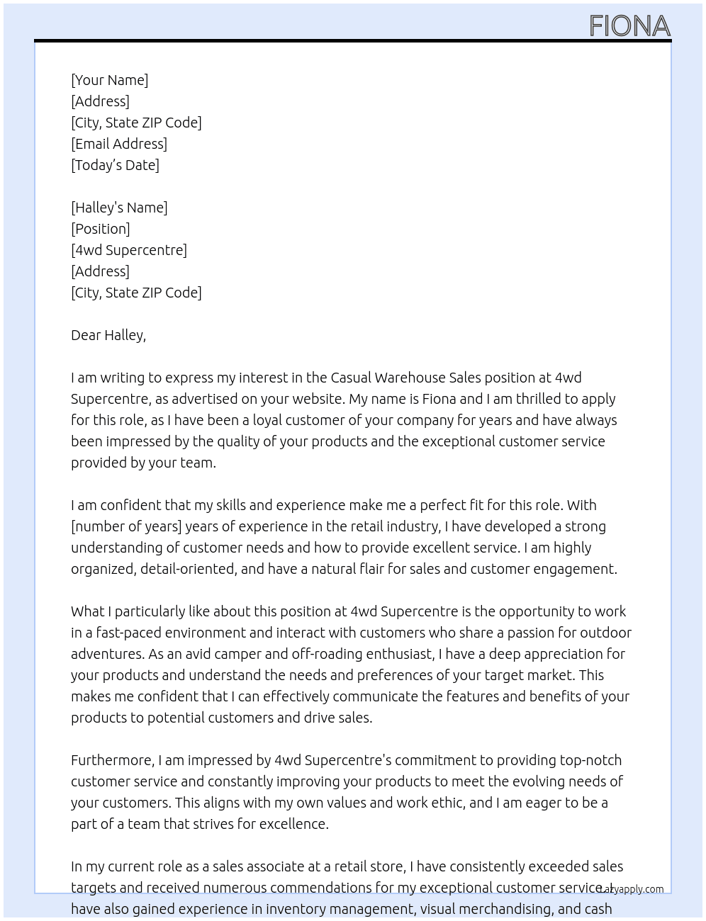 Casual Warehouse Sales At 4wd Supercentre Cover Letter