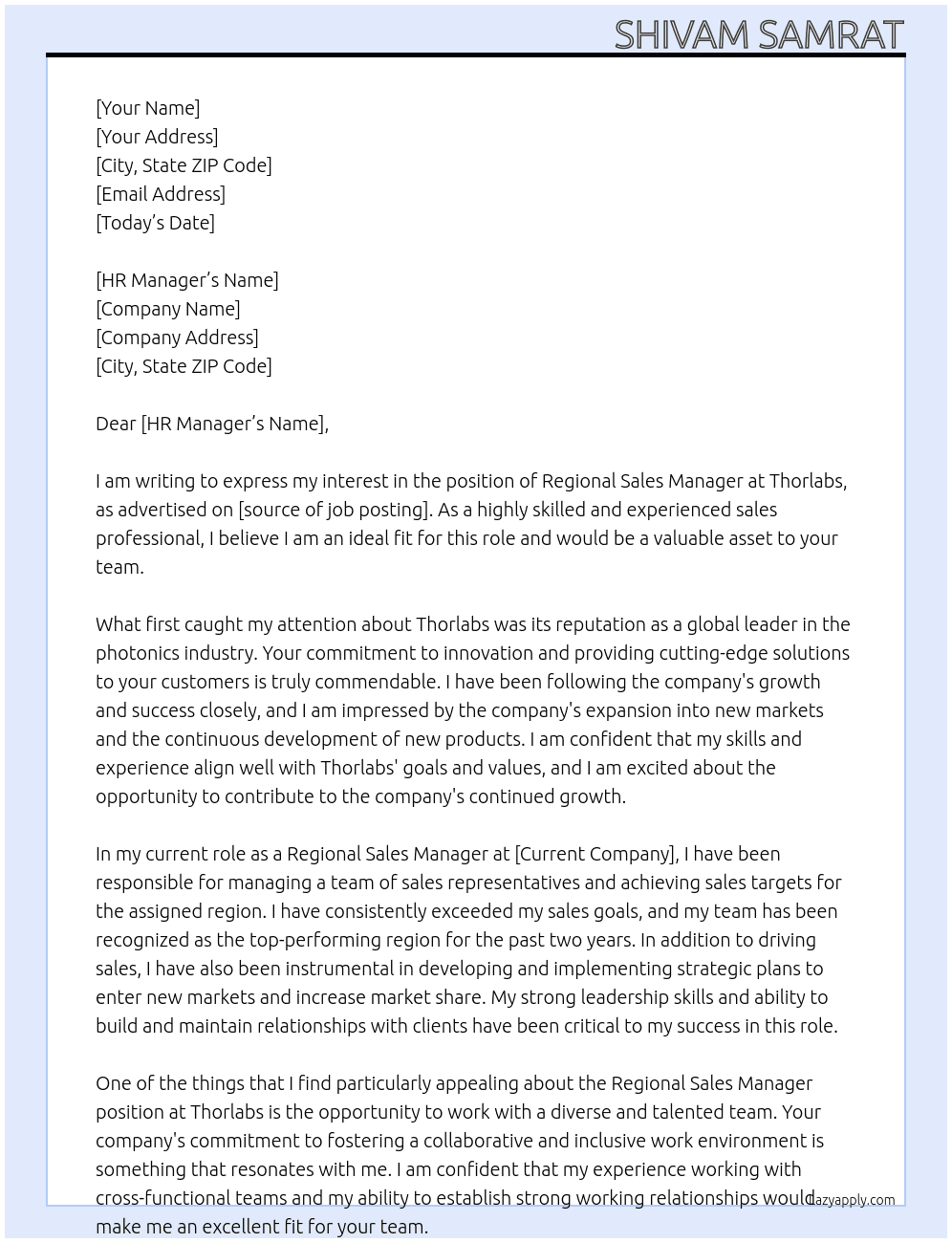 Regional Sales Manager At Thorlabs Cover Letter
