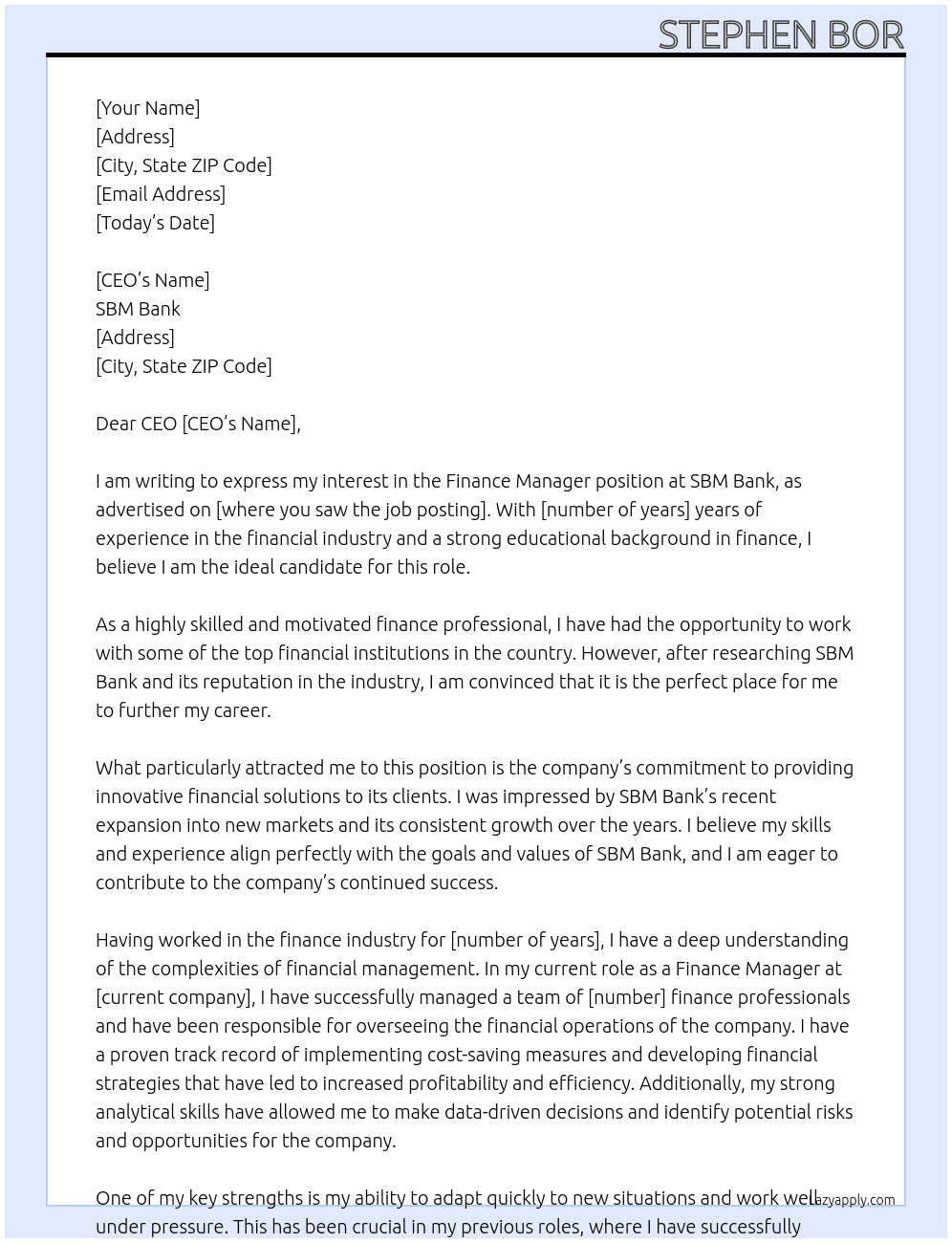 Finance manager  At SBM Bank Cover Letter