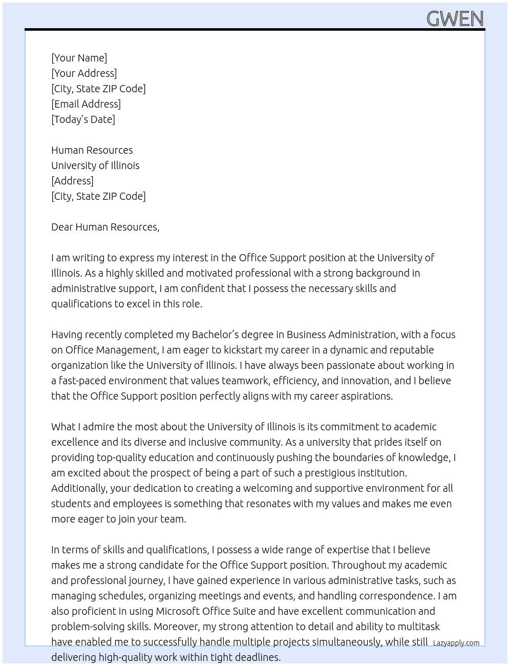 Office Support At University of Illinois Cover Letter