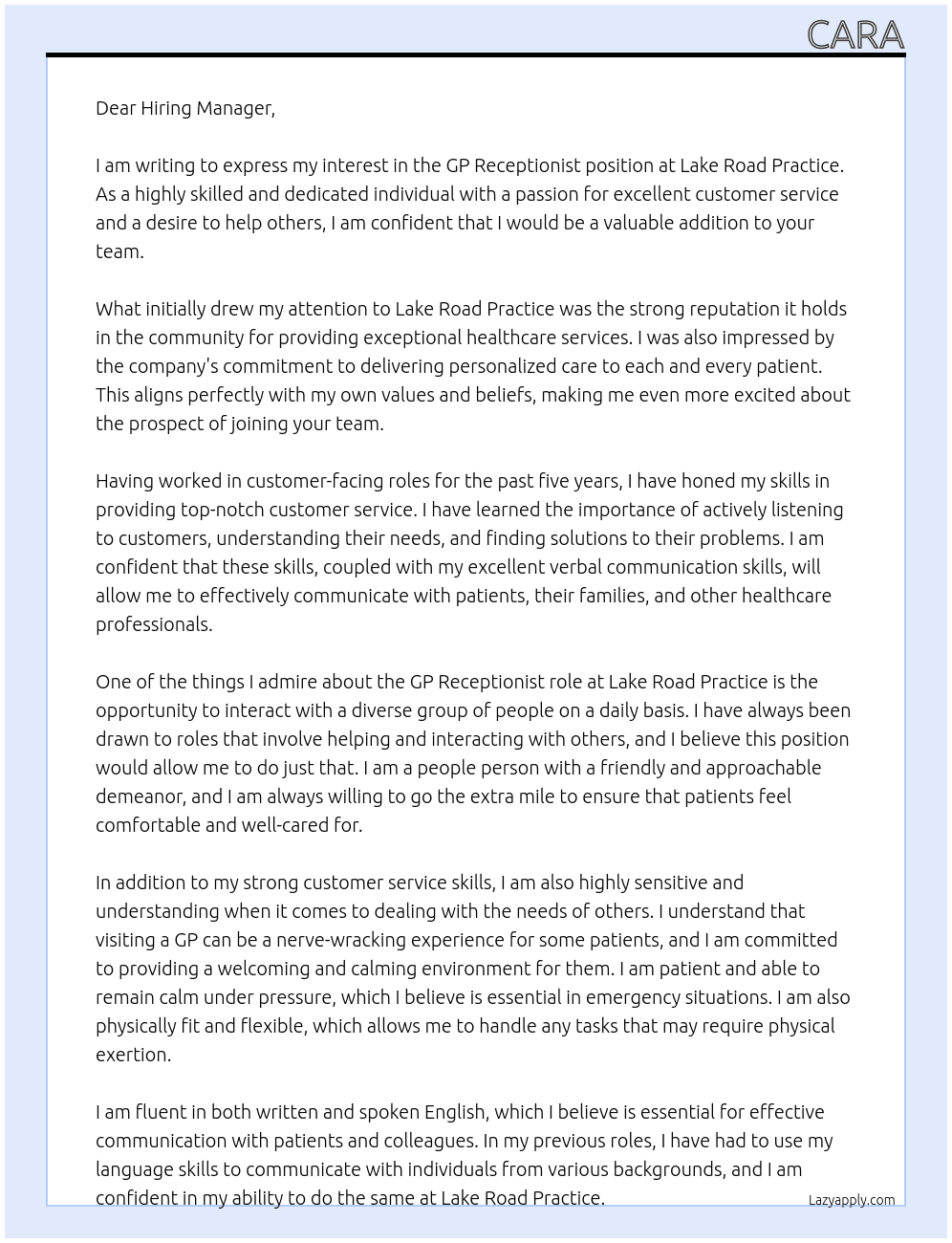 Gp receptionist  At Lake road practice Cover Letter