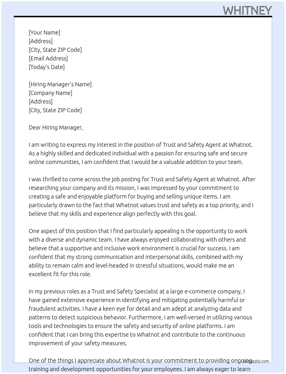 Trust and Safety Agent At Whatnot Cover Letter