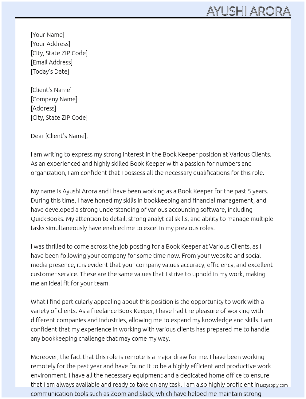 Book Keeper At Various Clients Cover Letter