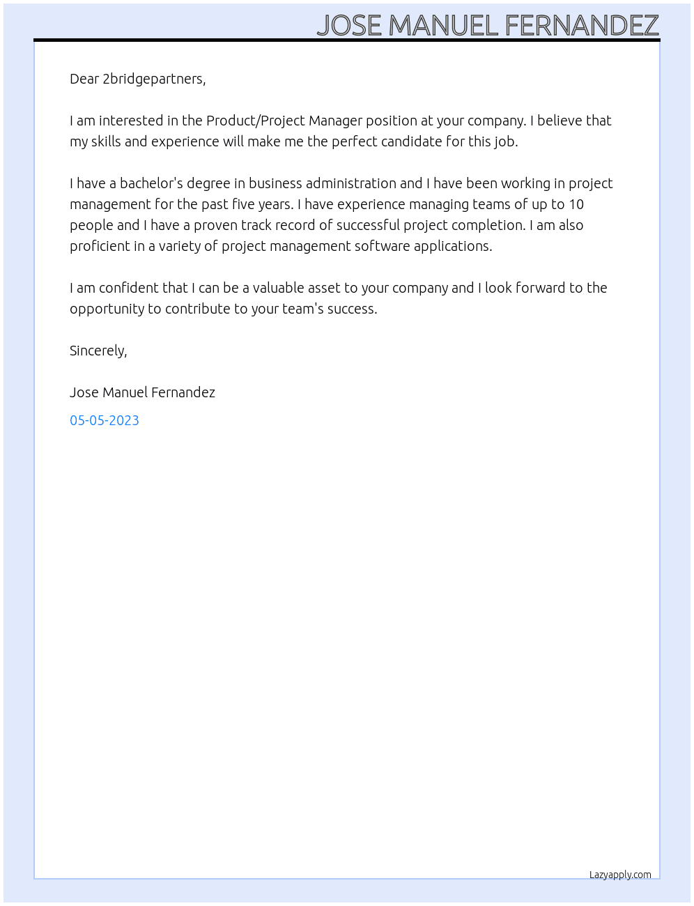 Product/Project Manager At 2bridgepartners Cover Letter