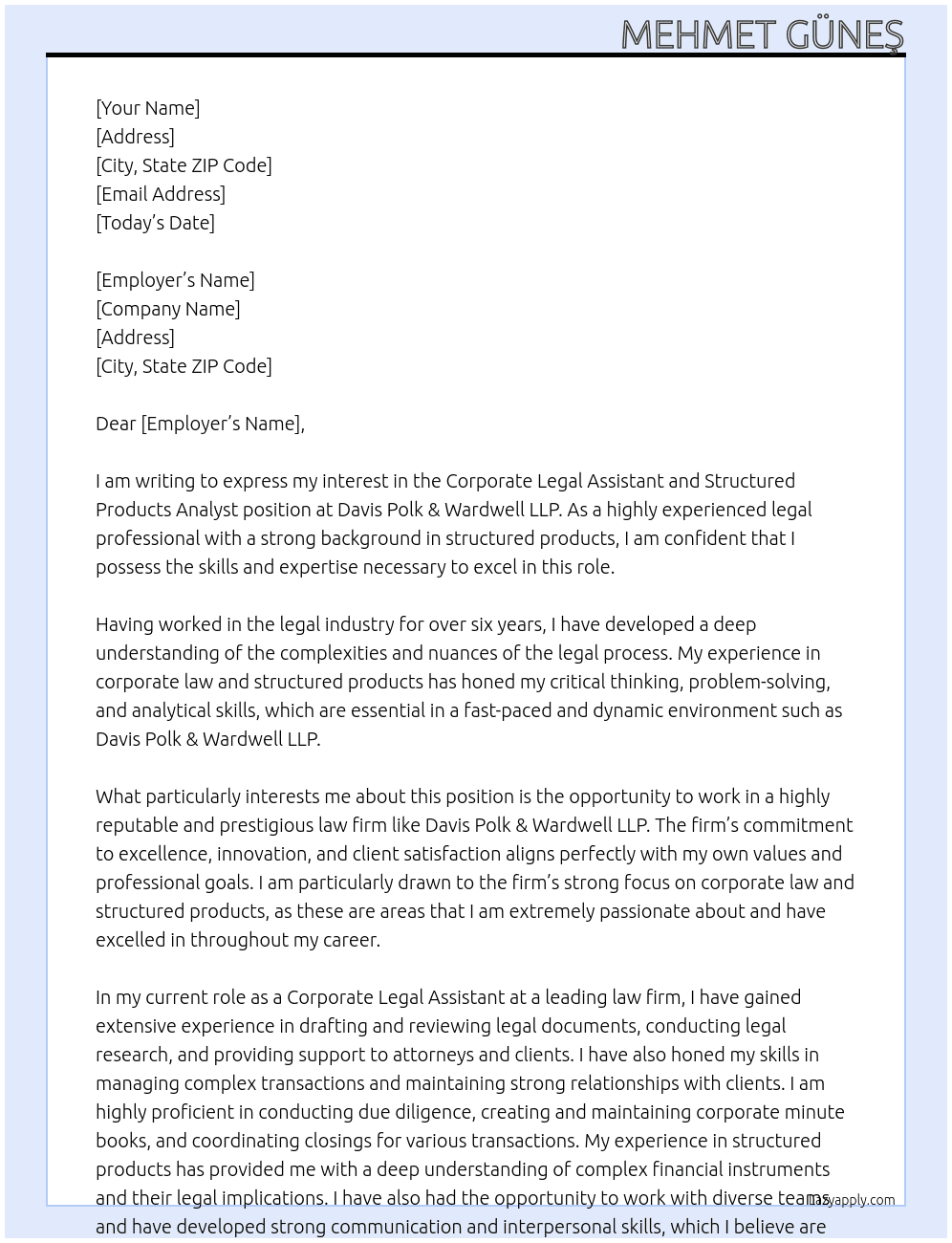 Corporate Legal Assistant, Structured Products Analyst At Davis Polk & Wardwell LLP Cover Letter