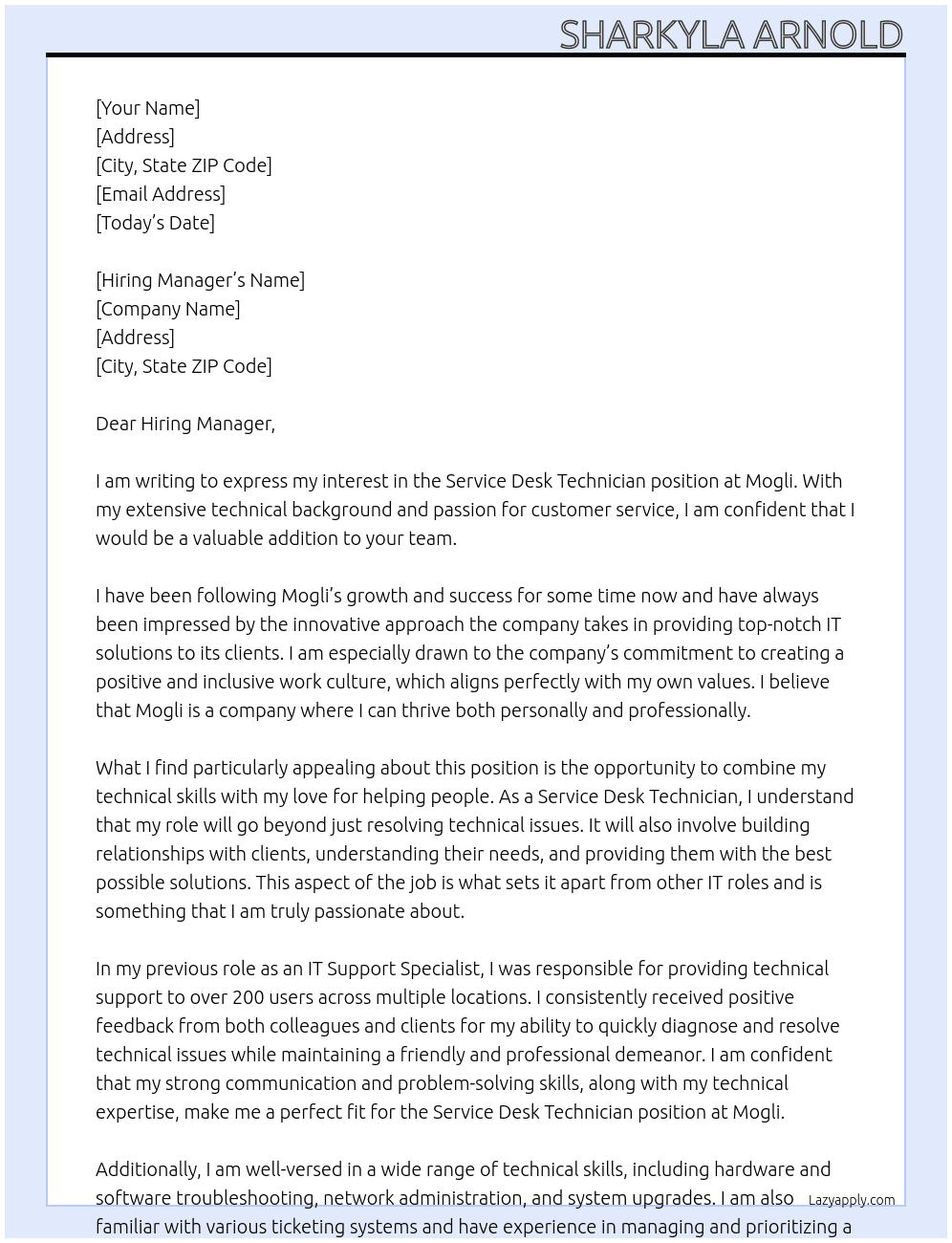 Service Desk Technician At Mogli Cover Letter