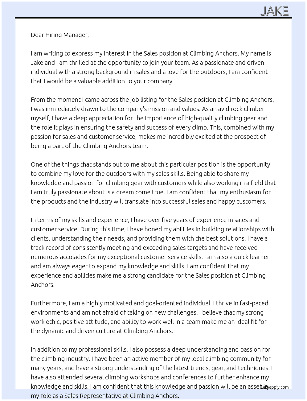 sales  At climbing anchors  Cover Letter
