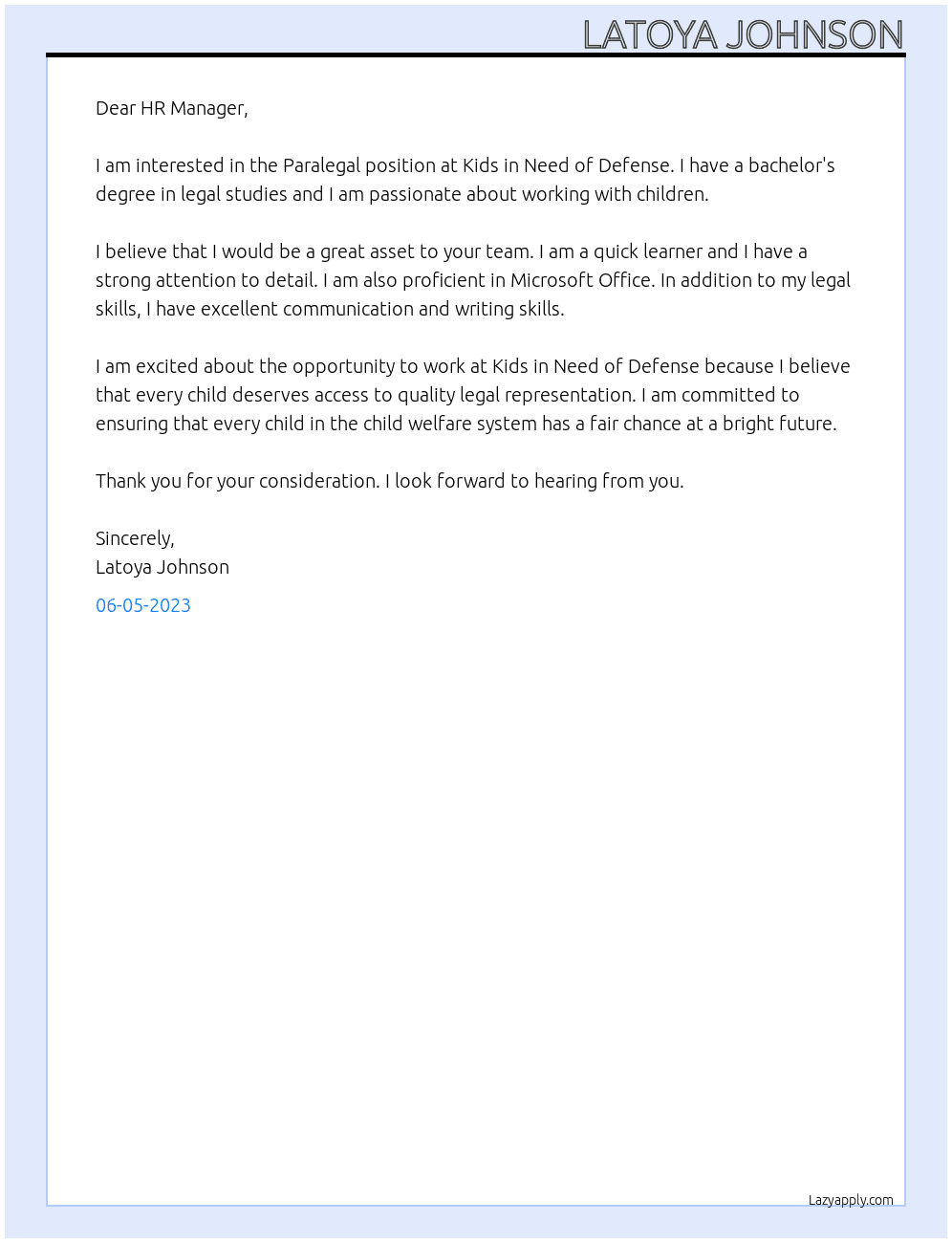 Paralegal At Kids in Need of Defense Cover Letter