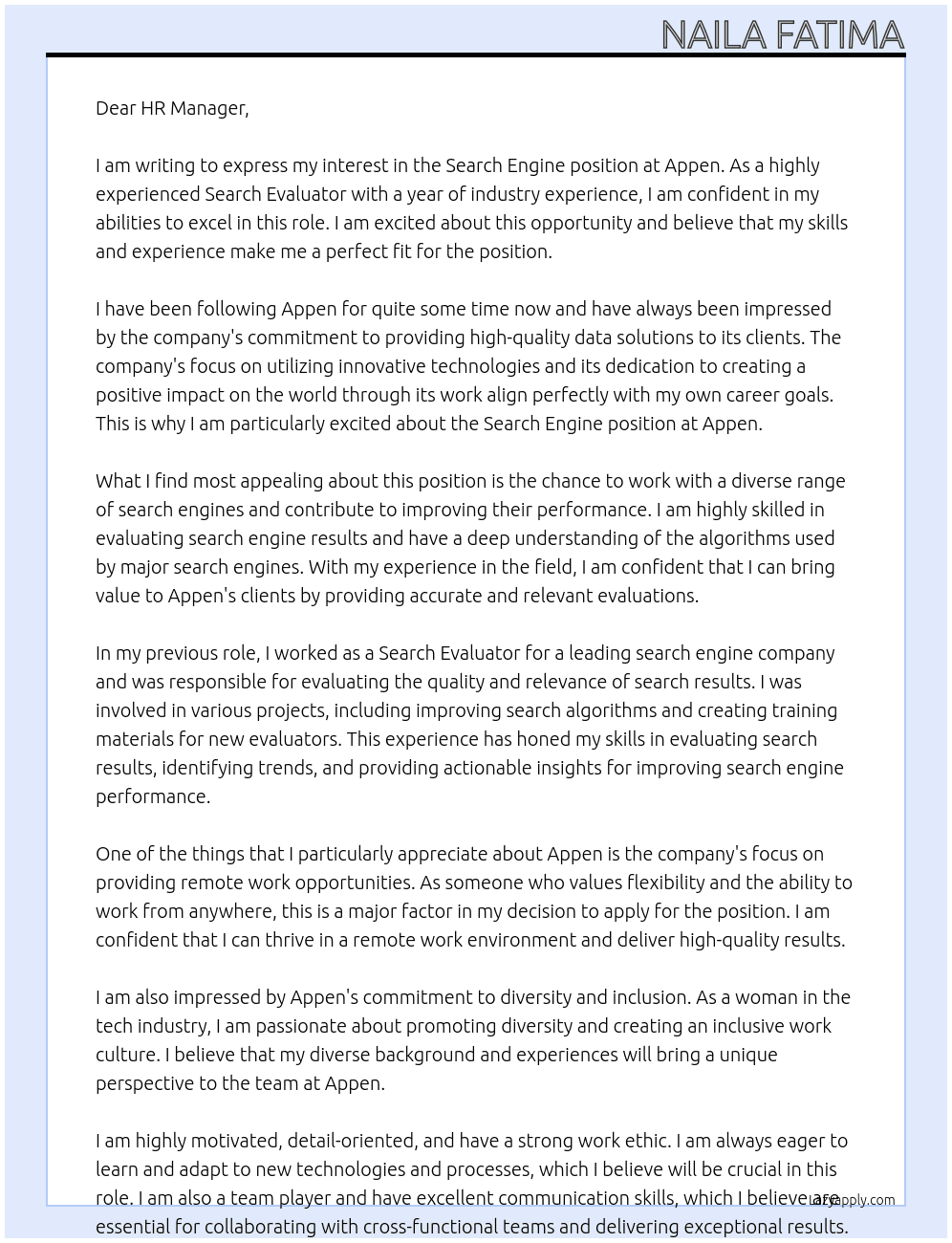 Search engine At Appen Cover Letter