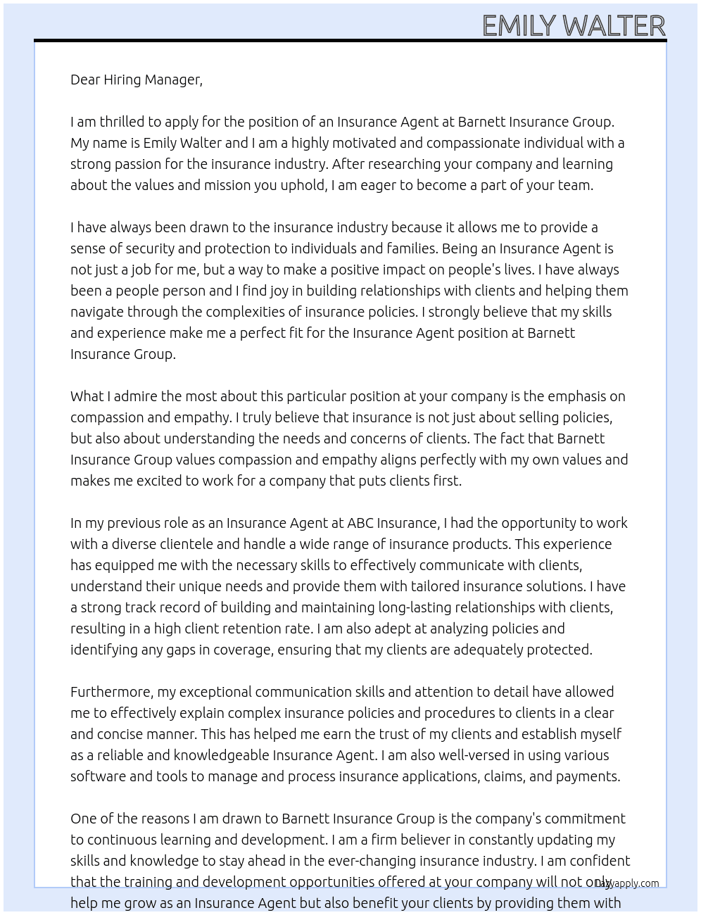 Insurance Agent  At Barnett Insurance Group  Cover Letter