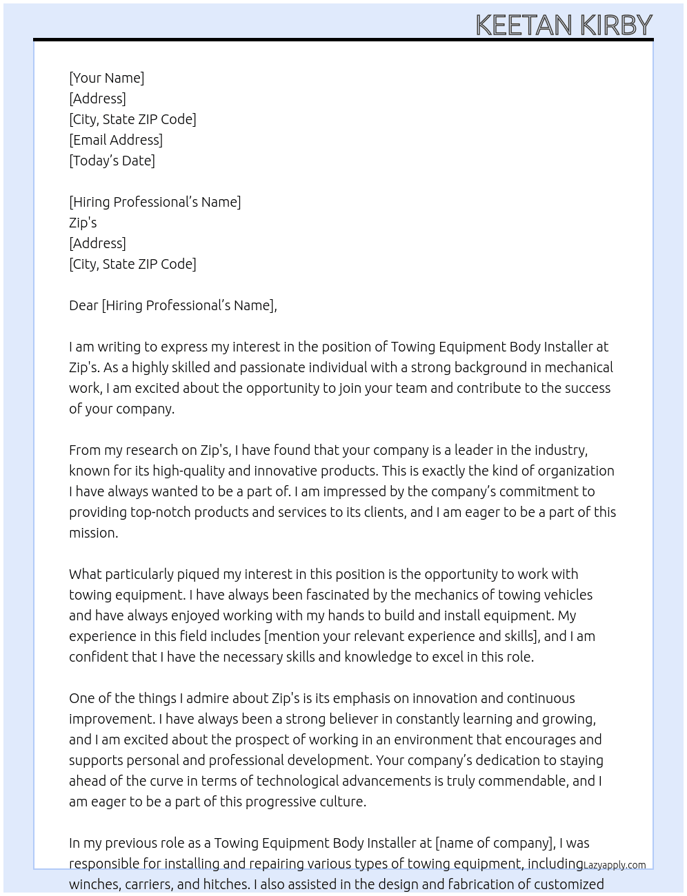 Cover letter for towing equipment body installer - LazyApply