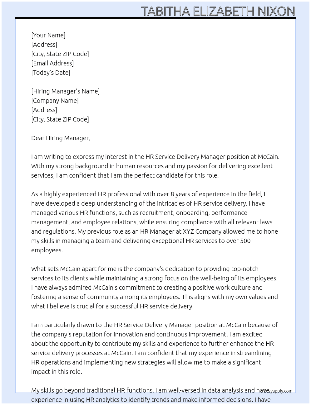 HR Service Delivery Manager At McCain Cover Letter