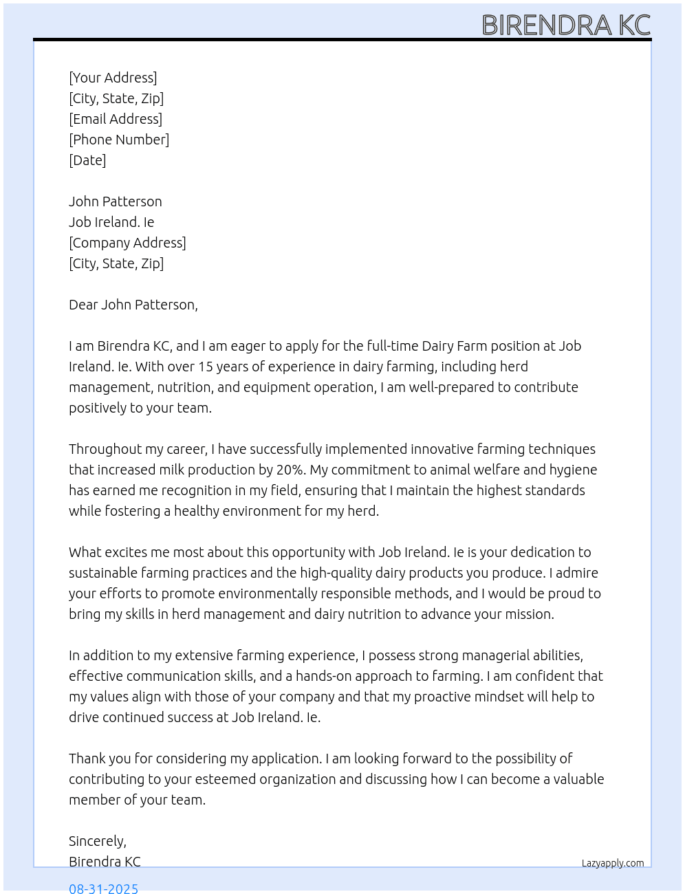 Dairy farm  At Job lreland. Ie Cover Letter