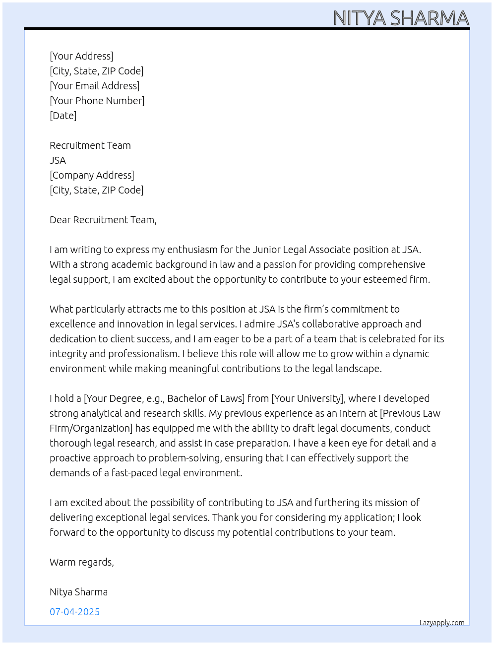 Junior Legal Associate At JSA Cover Letter