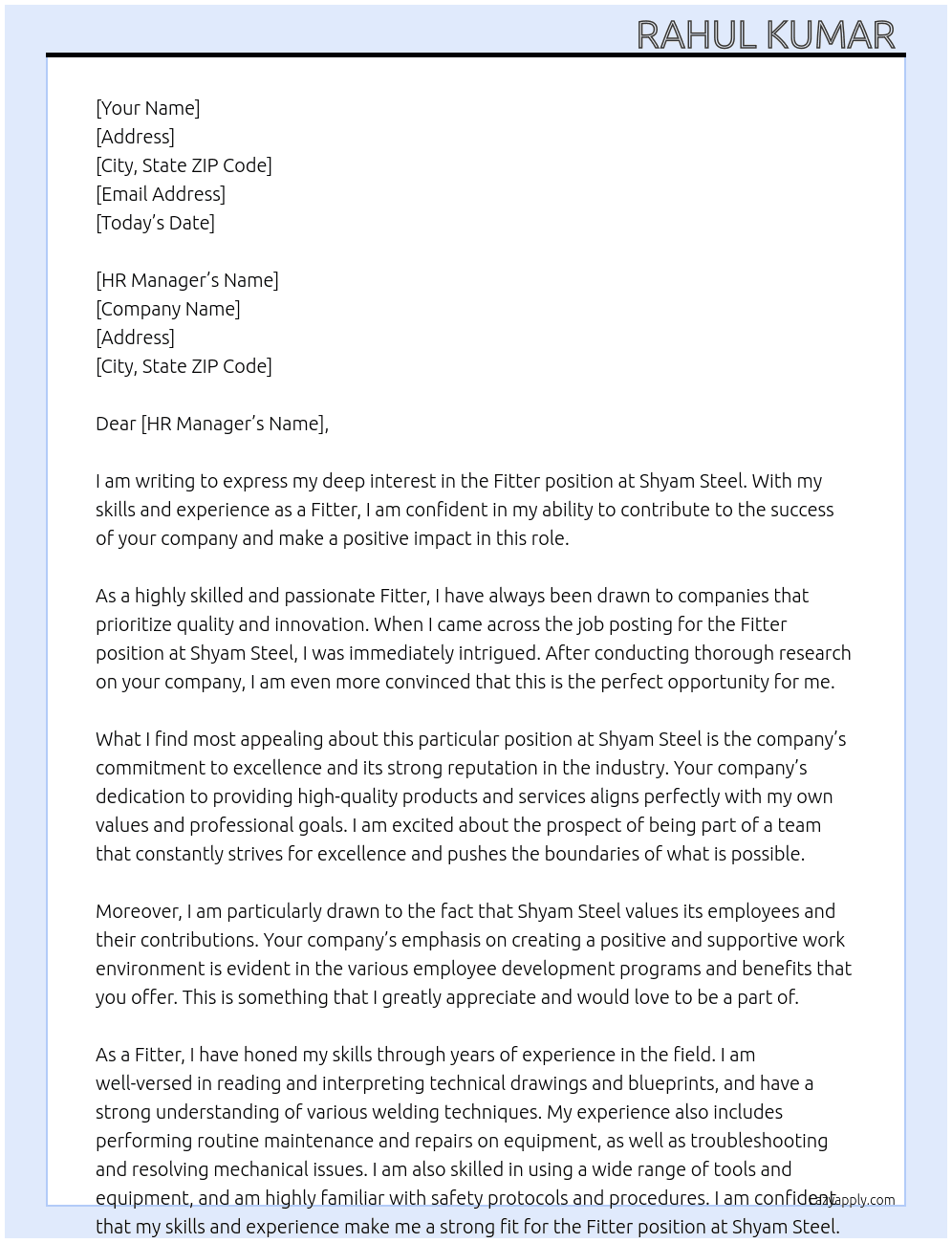 Fitter  At Shyam steel  Cover Letter