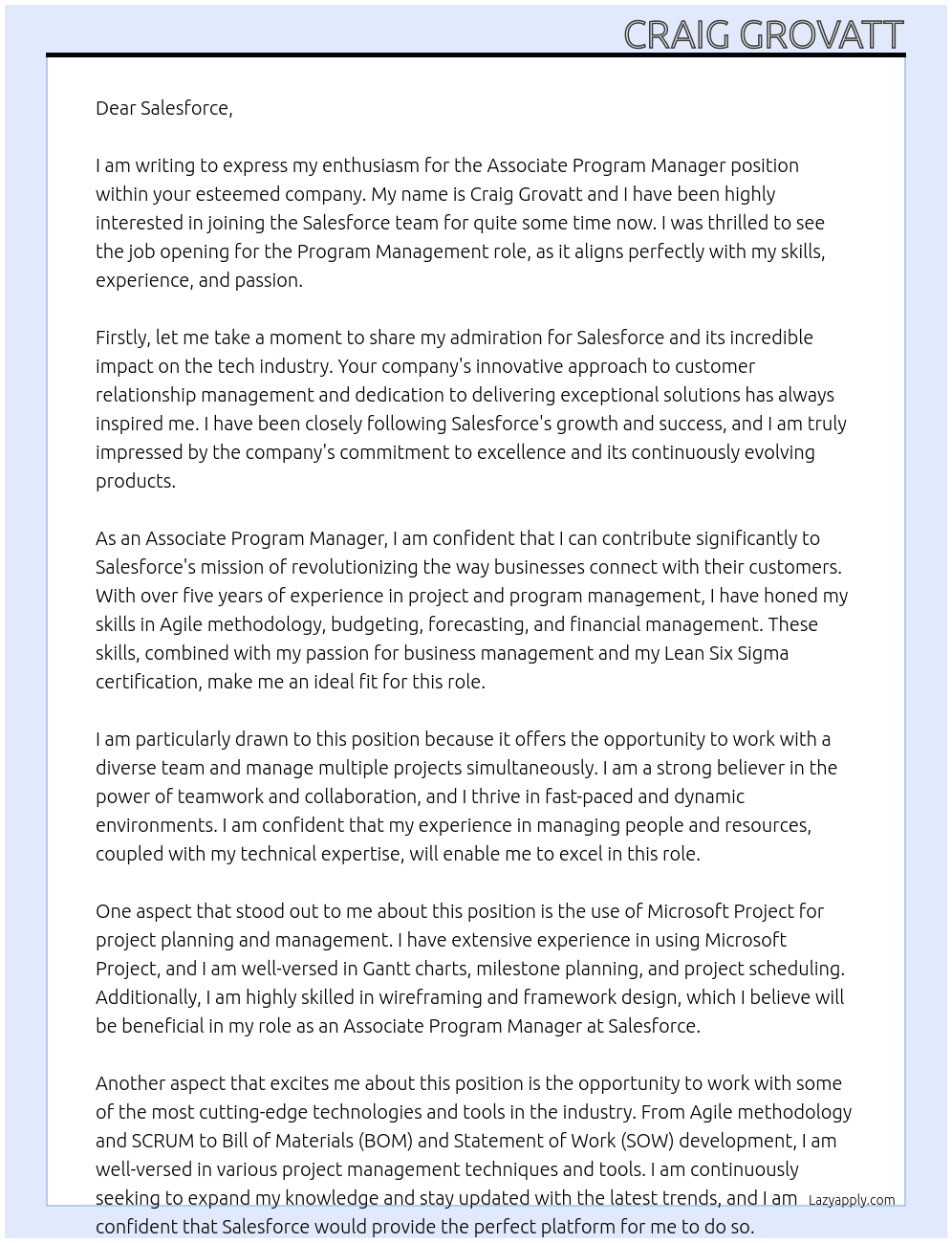 Associate Program Manager At Salesforce Cover Letter