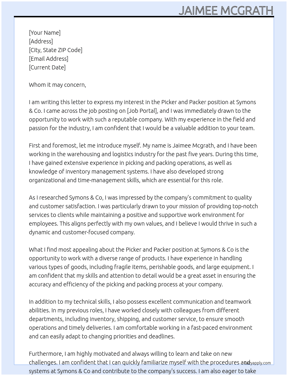 Picker and packer At Symons & Co Cover Letter