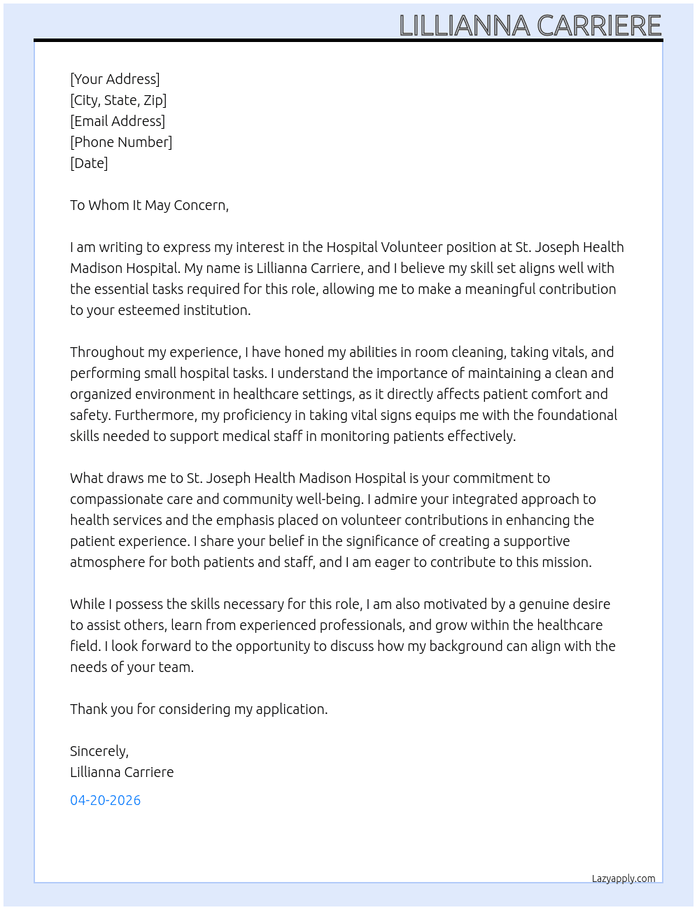 Cover letter for hospital volunteer - LazyApply