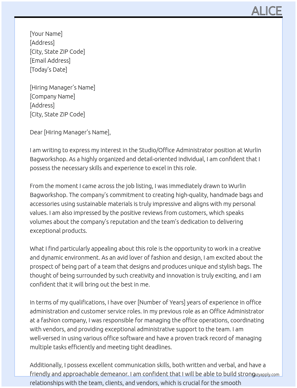 Studio / Office Administrator At Wurlin Bagworkshop  Cover Letter