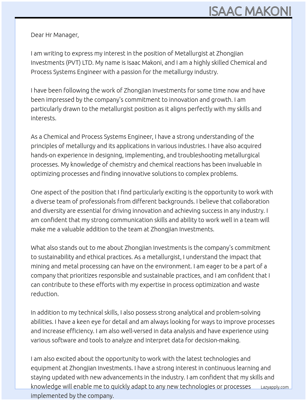 Cover letter for metallurgist - LazyApply