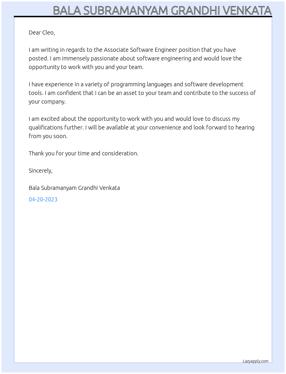associate software engineer At Cleo Cover Letter