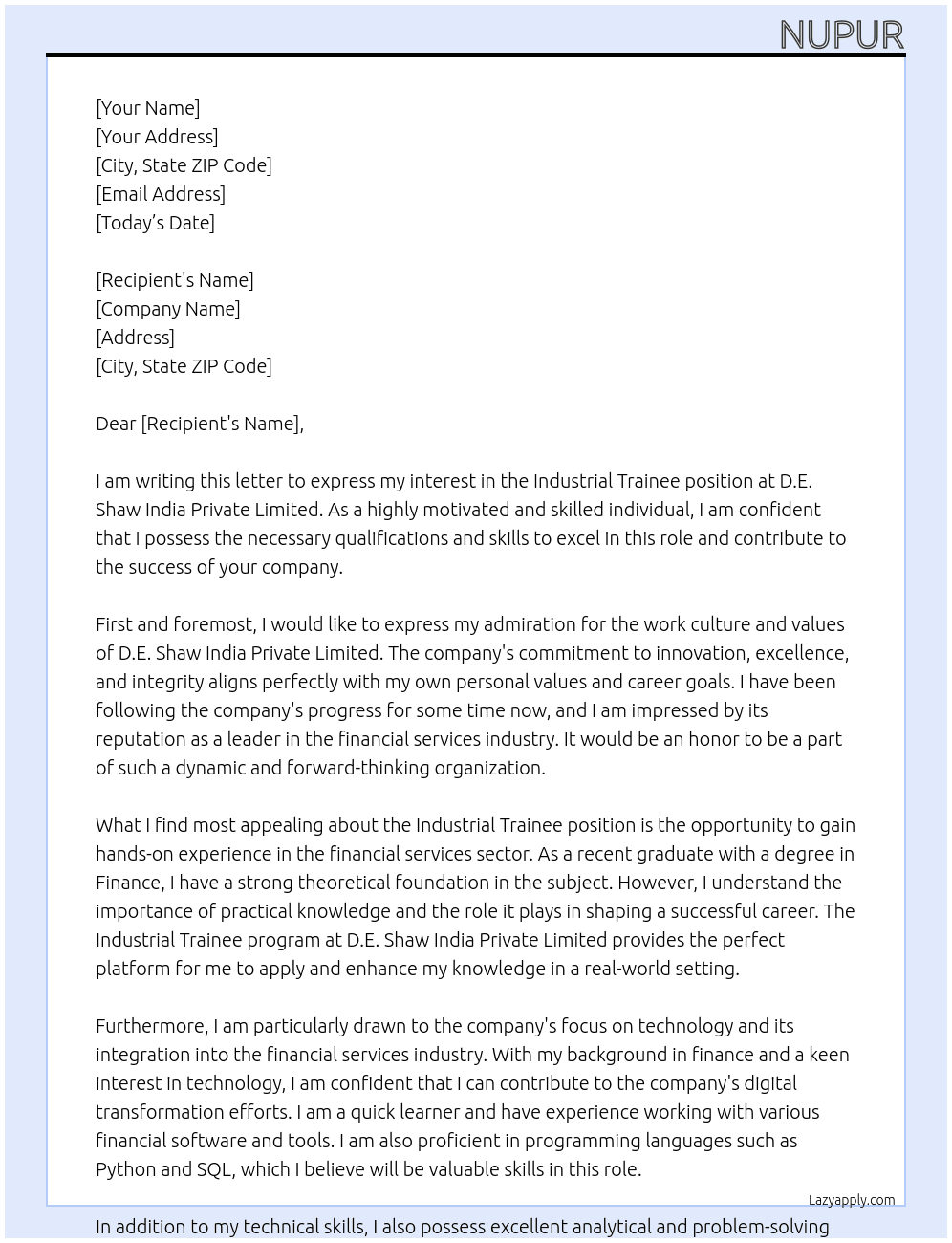 Industrial Trainee At D.E. Shaw India Private Limited Cover Letter