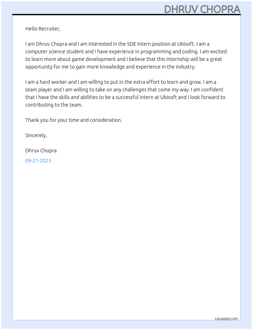 SDE Intern At Ubisoft Cover Letter