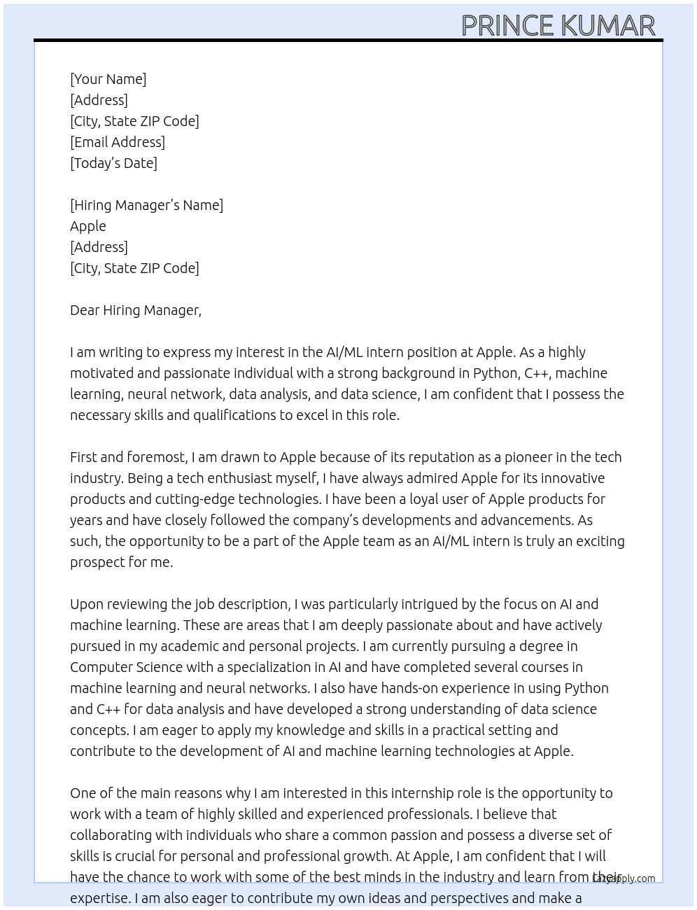 AI/ML intern At Apple Cover Letter